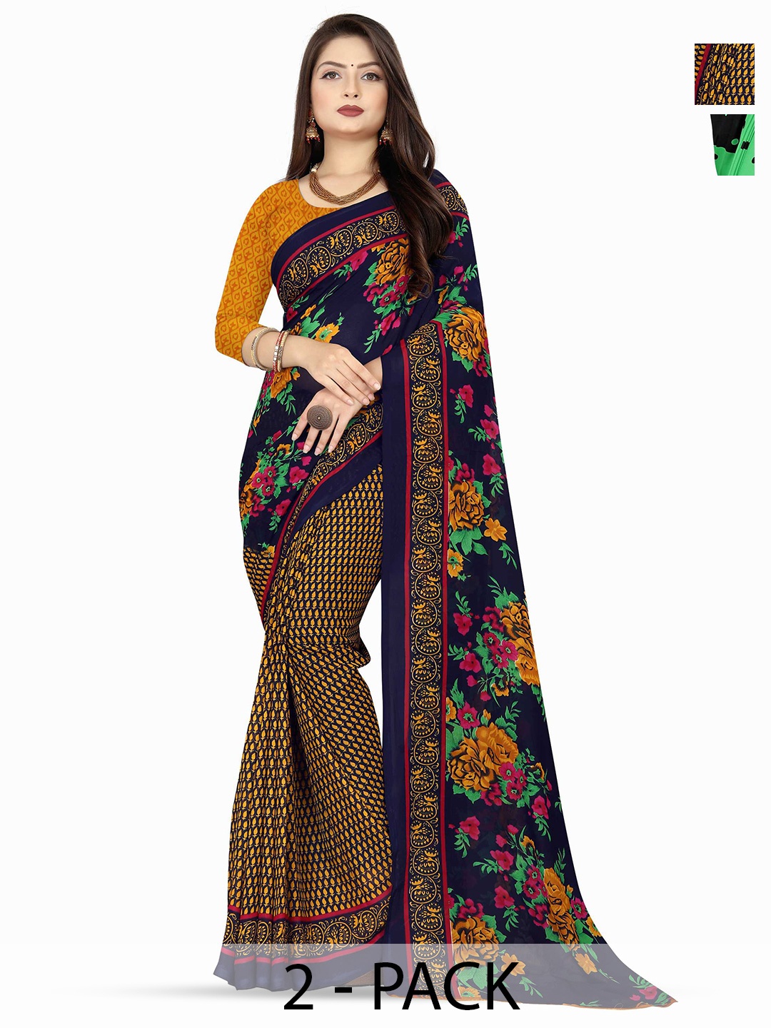 

ANAND SAREES Pack of-2 Floral Printed Saree, Green