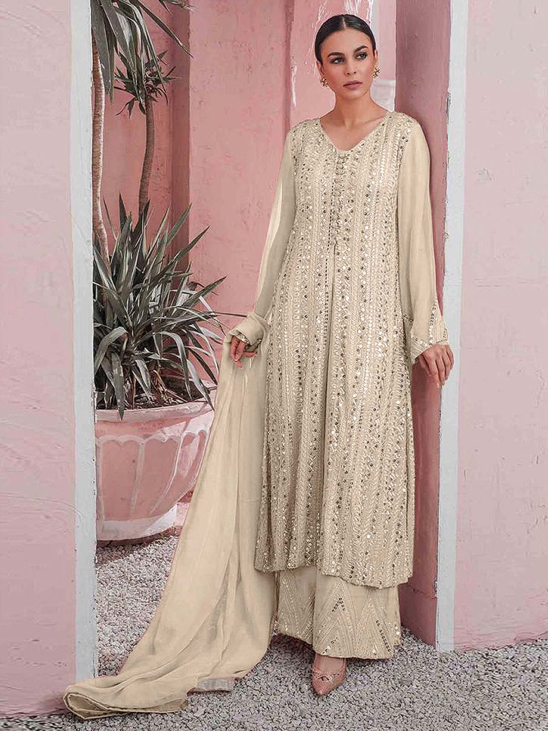

ODETTE Women Embroidered Regular Sequinned Kurta with Palazzos & With Dupatta, Cream