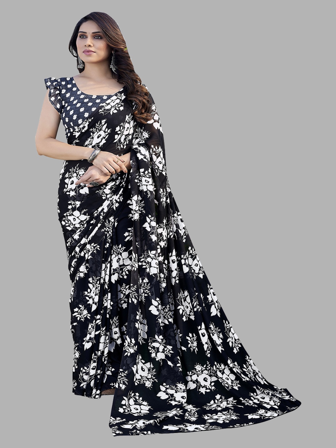 

ANAND SAREES Floral Printed, Black