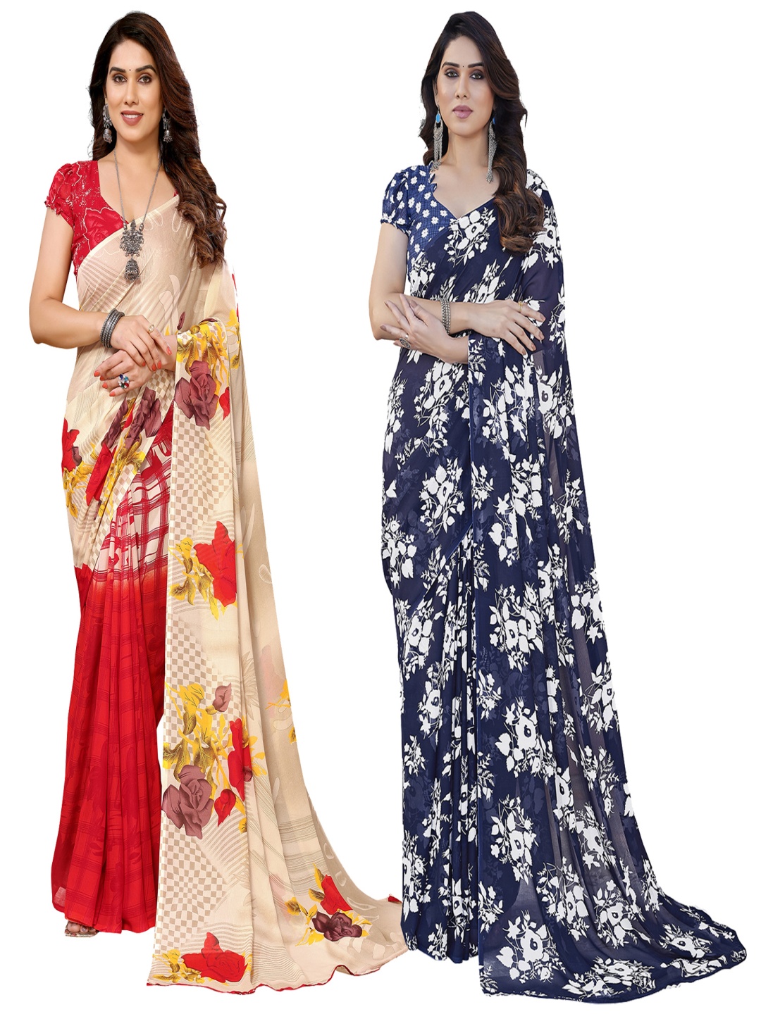 

ANAND SAREES Selection of 2 Floral Printed Sarees, Blue