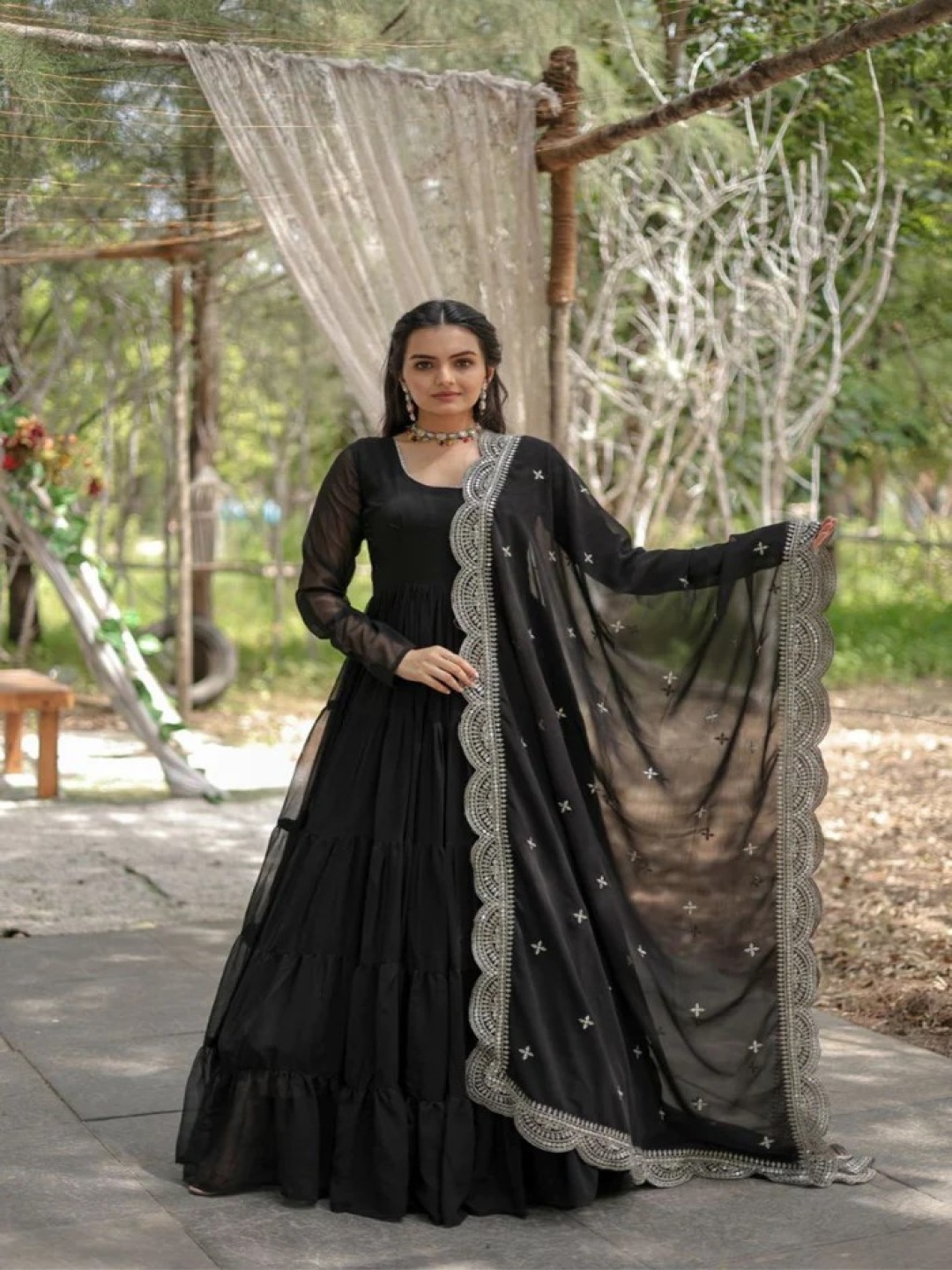 

Fashion Basket Georgette Anarkali Kurta With Trousers & Dupatta, Black