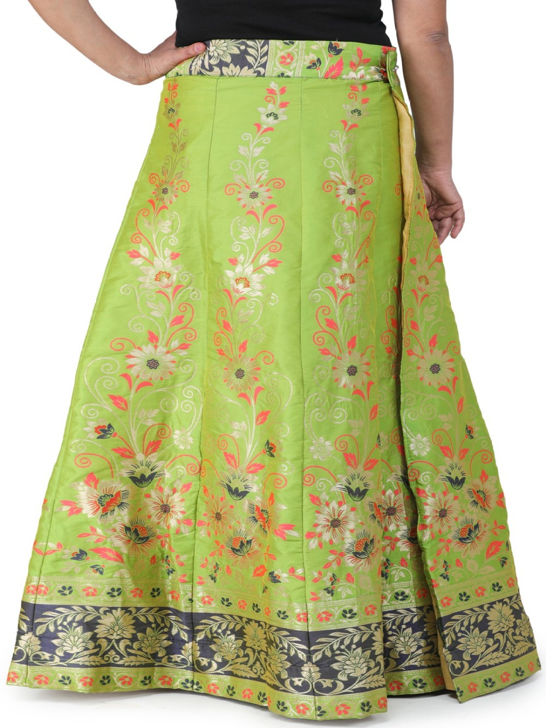 

Exotic India Floral Brocade A-Line Ethnic Maxi Skirt, Green