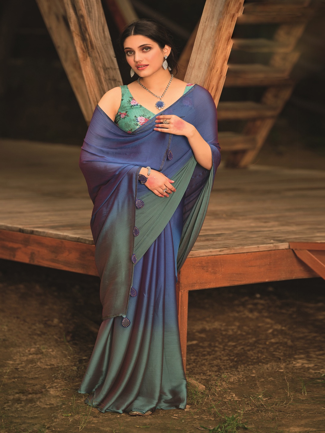 

Panzora Ombre Beads and Stones Poly Chiffon Saree, Teal