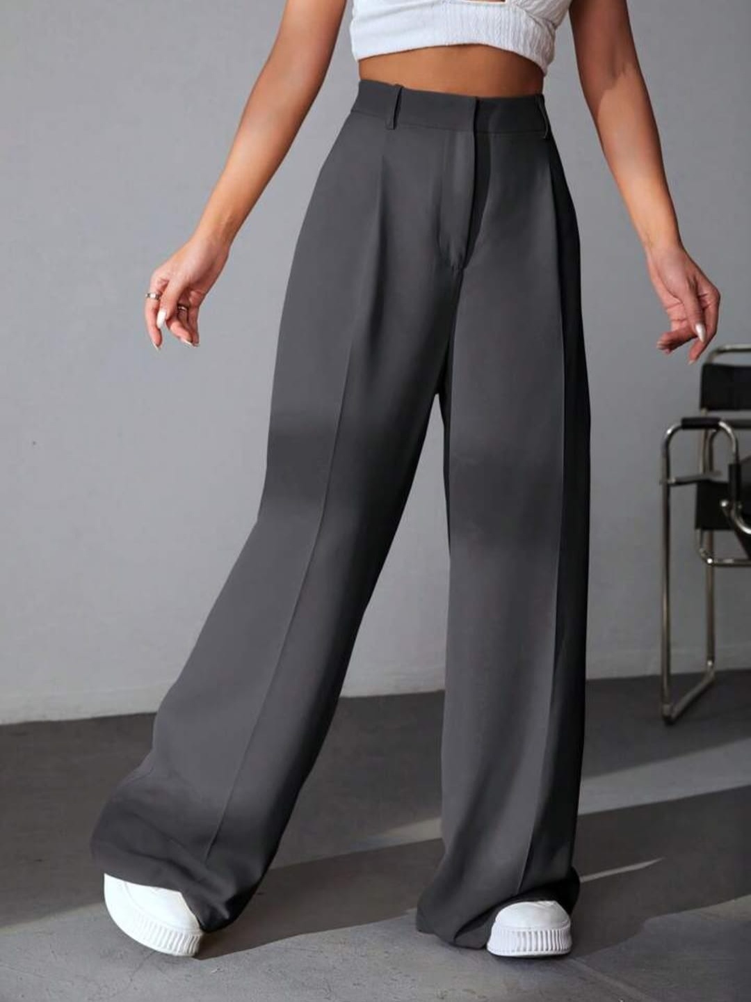 

Next One Women Smart High-Rise Stretchable Wide Leg Trousers, Grey