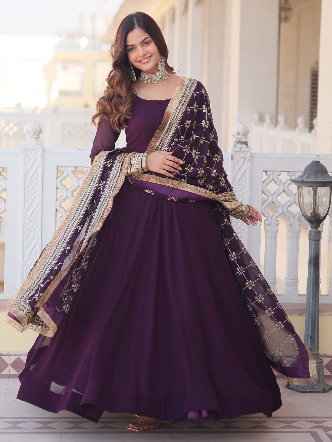 

KALINI Women Anarkali Gown and Bottom With Dupatta Set, Purple