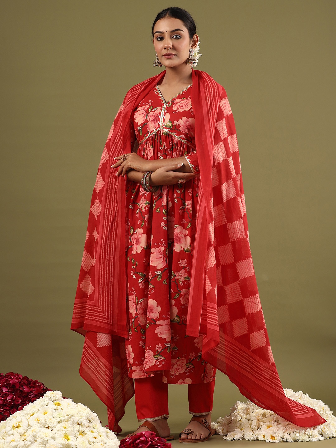 

Indo Era Floral Printed Empire Gotta Patti Pure Cotton Kurta With Trousers & Dupatta, Red