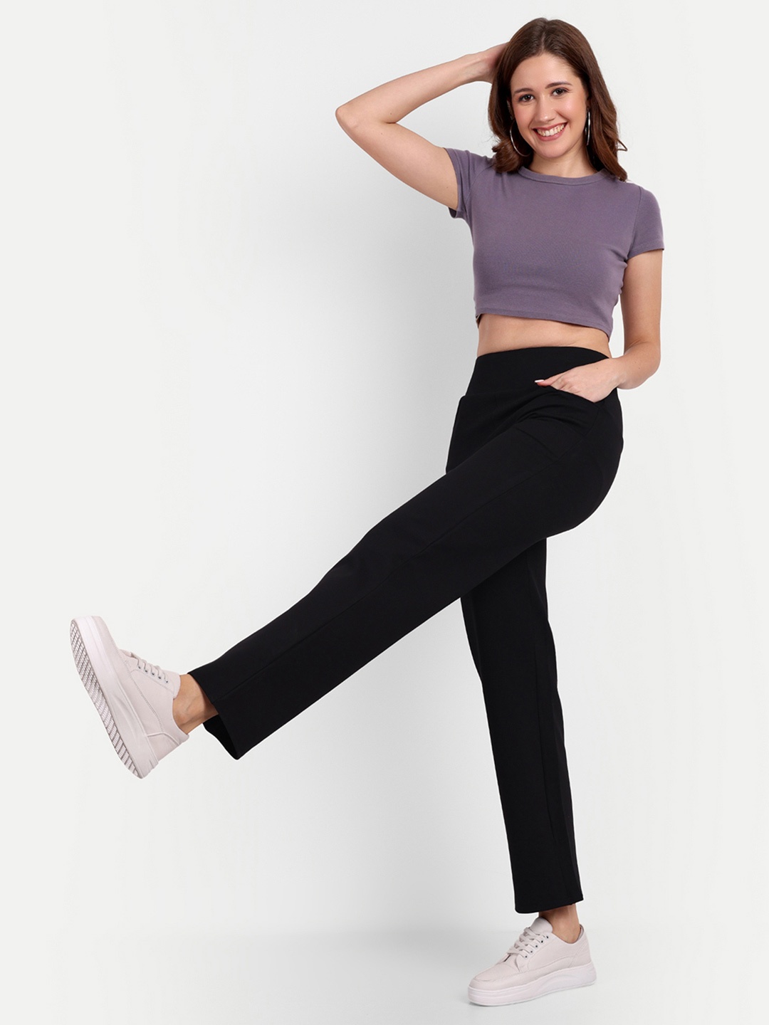 

BROADSTAR Women Smart Straight Fit High-Rise Easy Wash Trousers, Black