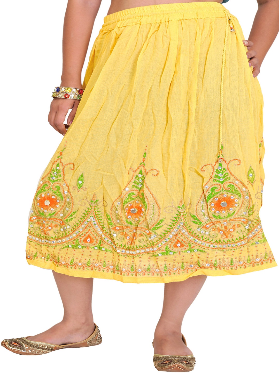 

Exotic India Floral Printed Embellished With Sequins Midi-skirt, Yellow