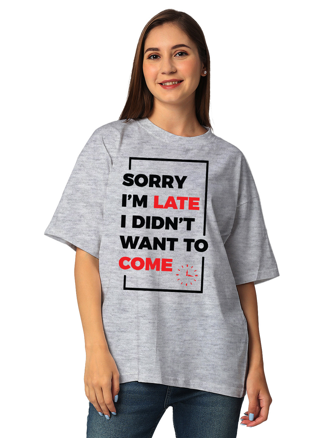 

STATUS MANTRA Women Typography Printed Drop-Shoulder Sleeves Bio Finish Applique T-shirt, Grey