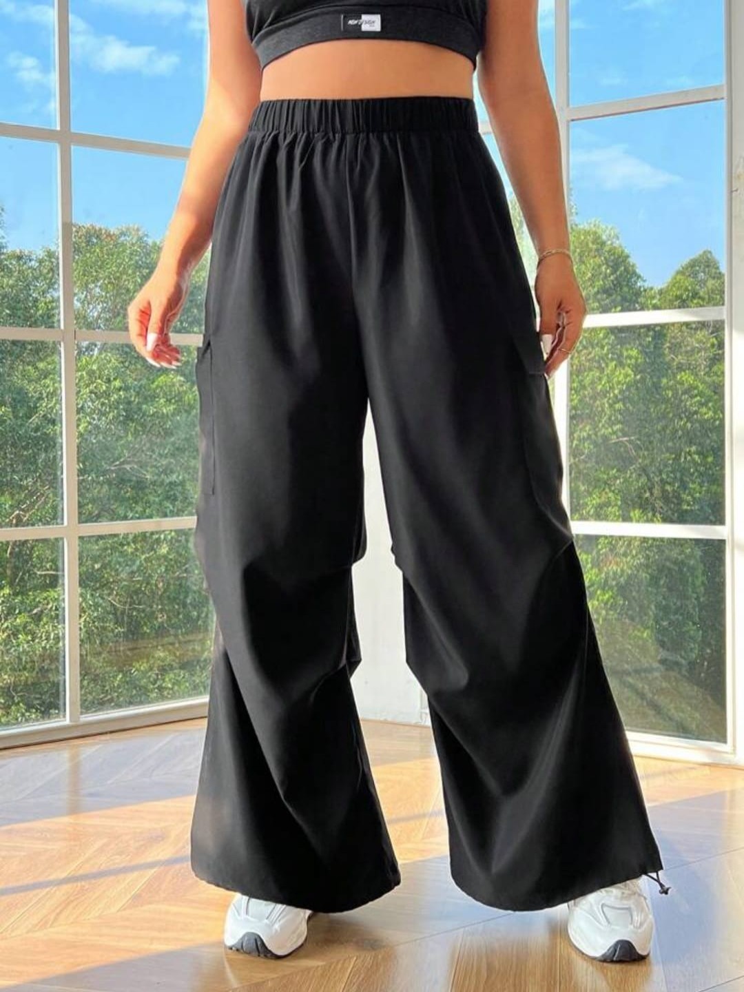

BROADSTAR Women High-Rise Loose Fit Cargo Track Pants, Black