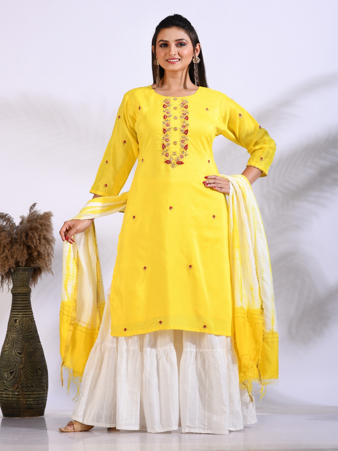 

Morchari Embroidered Kurta With Palazzo Set, Yellow