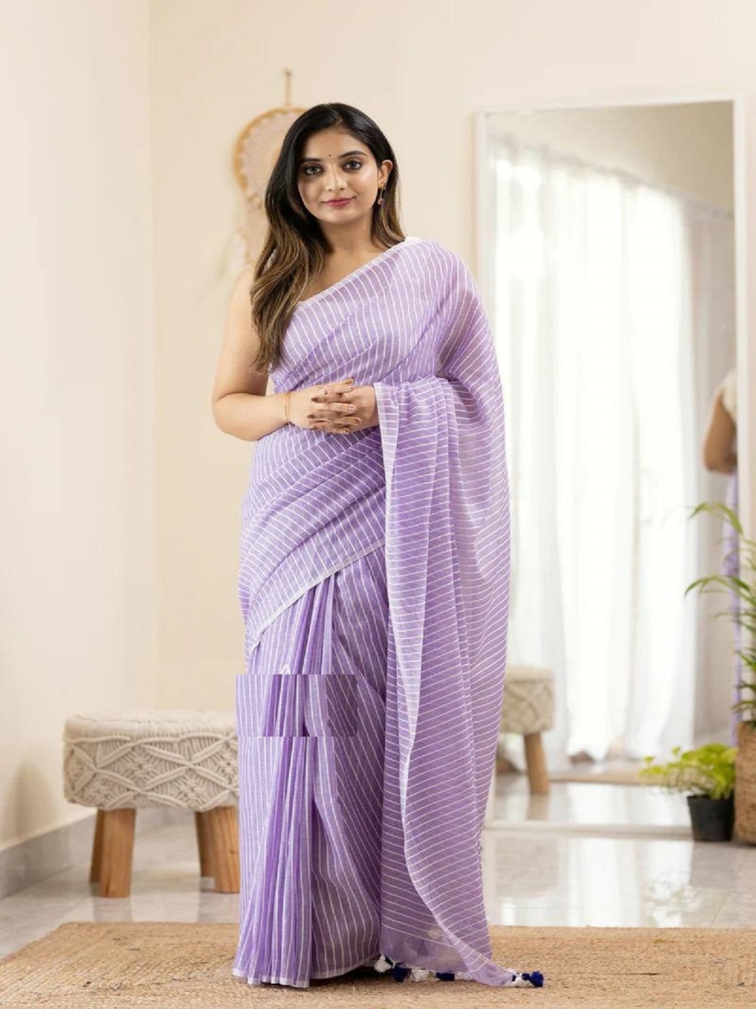 

LADY SHOPI Striped Pure Cotton Saree, Lavender