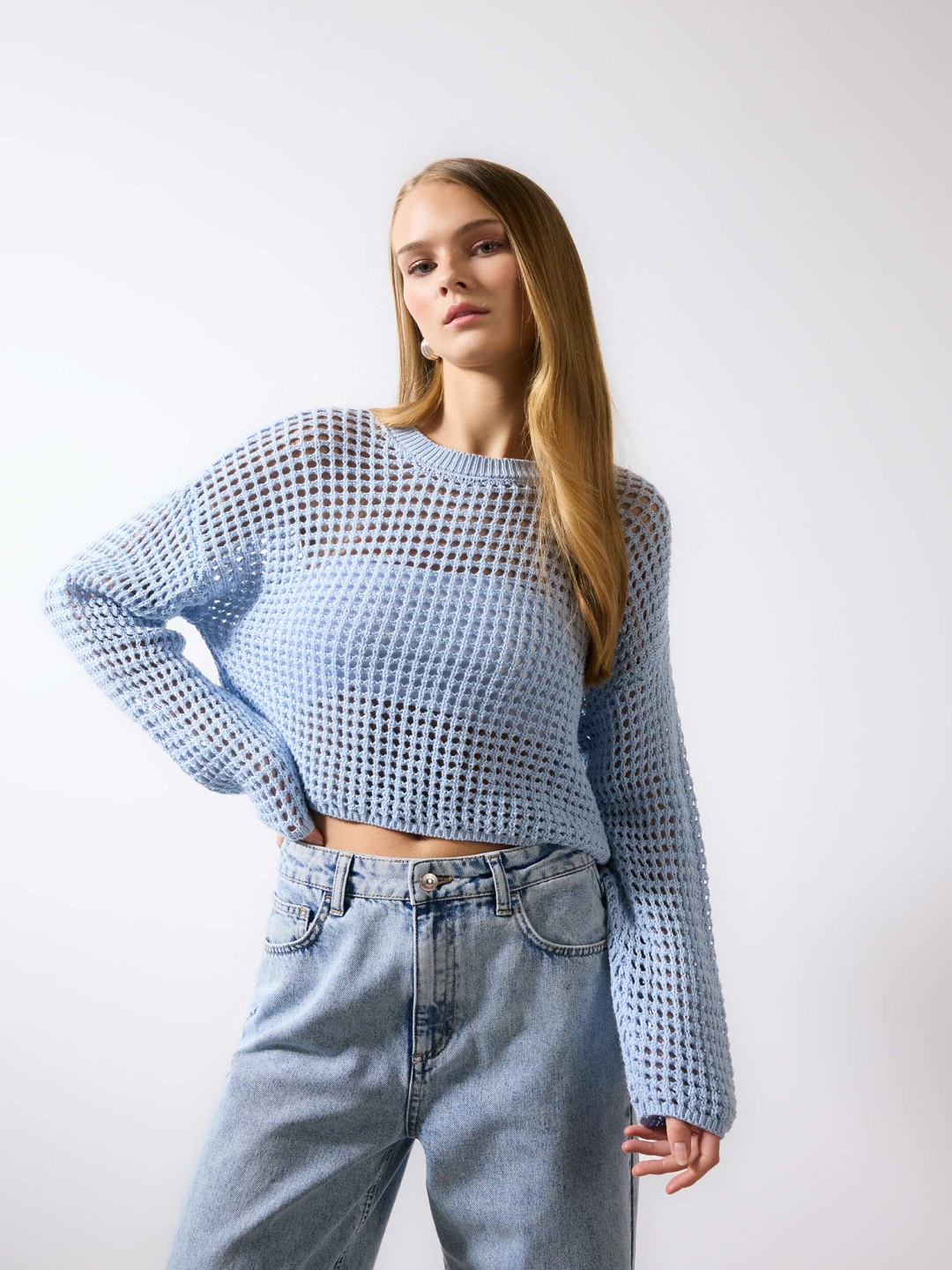

DeFacto Self-Design Knitted Acrylic Cotton Top, Blue