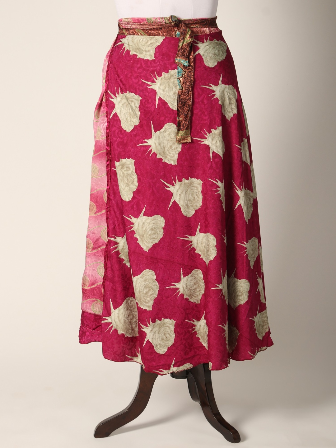 

Exotic India Printed Silk A-Line Reversible Wrap Maxi Skirt, Pink
