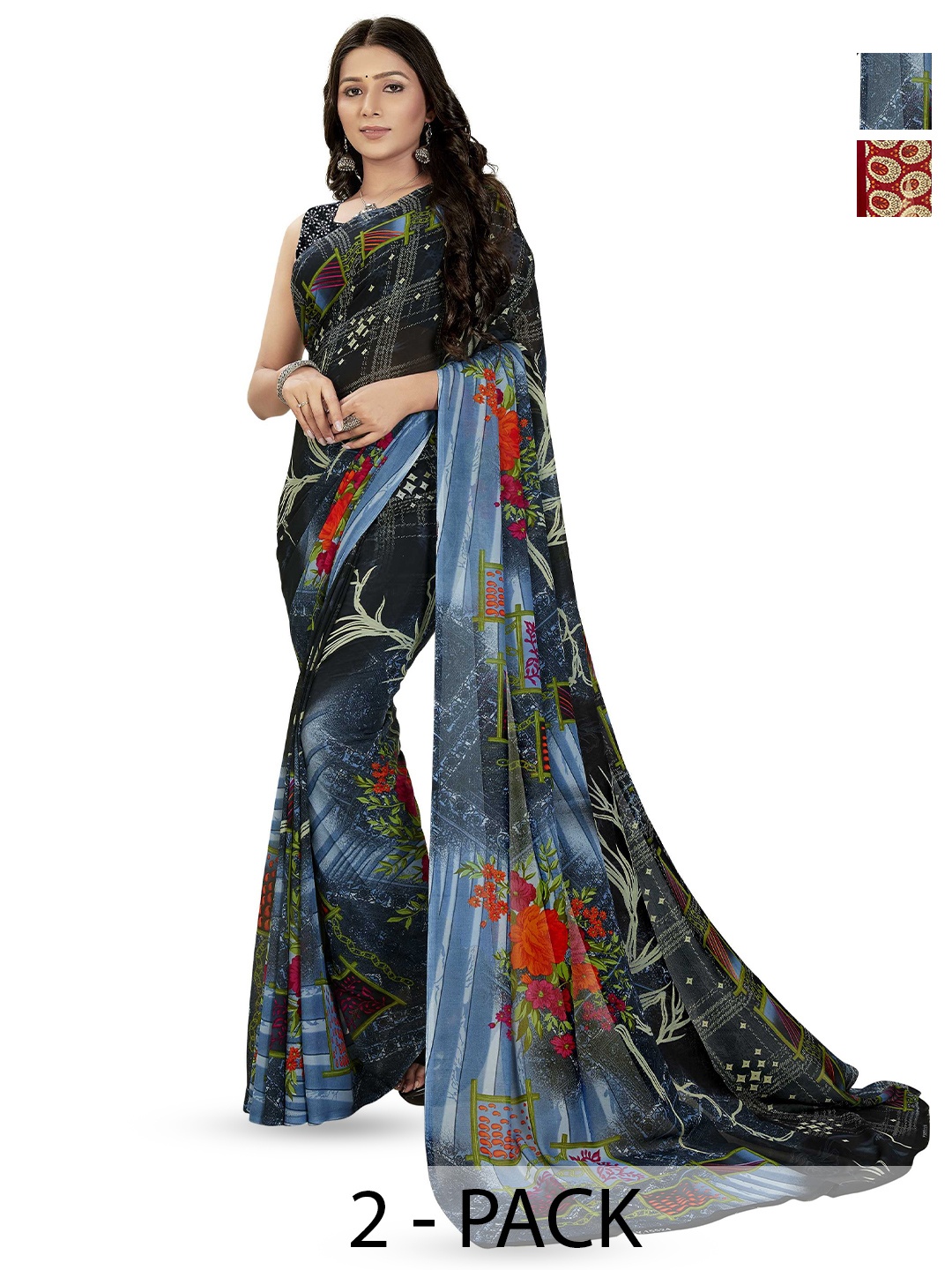 

ANAND SAREES Pack of-2 Floral Printed Saree, Maroon