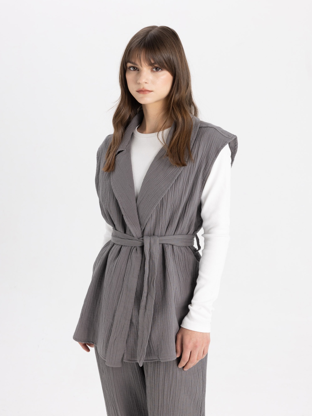 

DeFacto V-Neck Belted Longline Front-Open Sweater, Grey