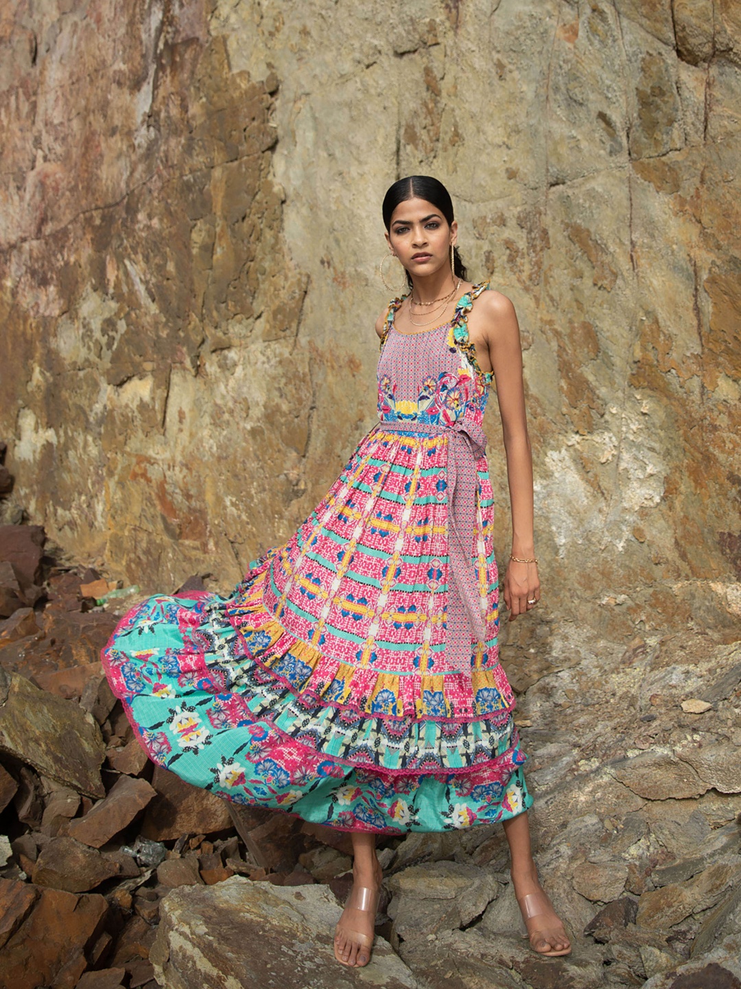 

Bhanuni Women Floral Print Shoulder Straps Fit and Flare Dress, Pink