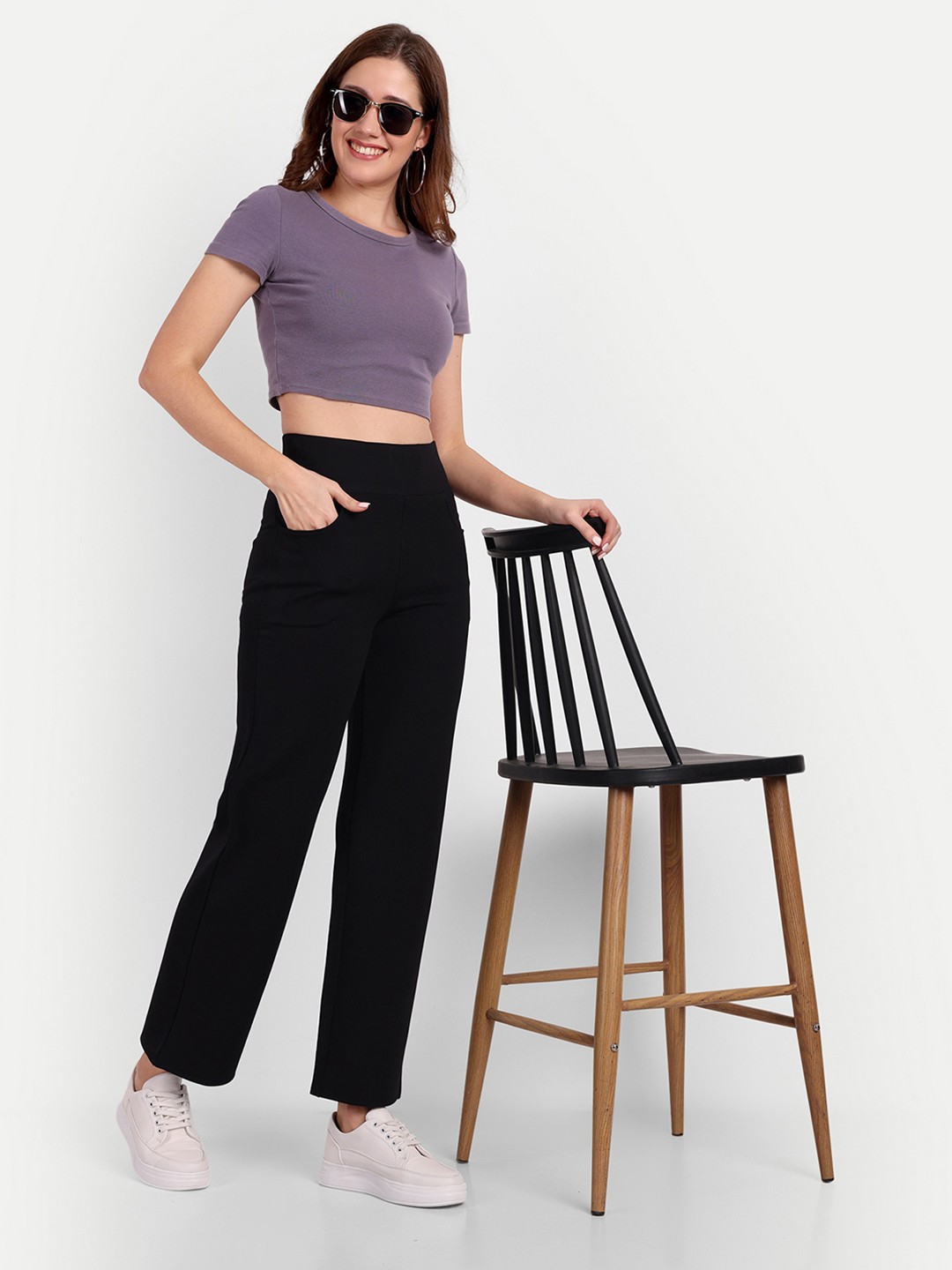 

BROADSTAR Women Smart Straight Fit High-Rise Easy Wash Trousers, Black
