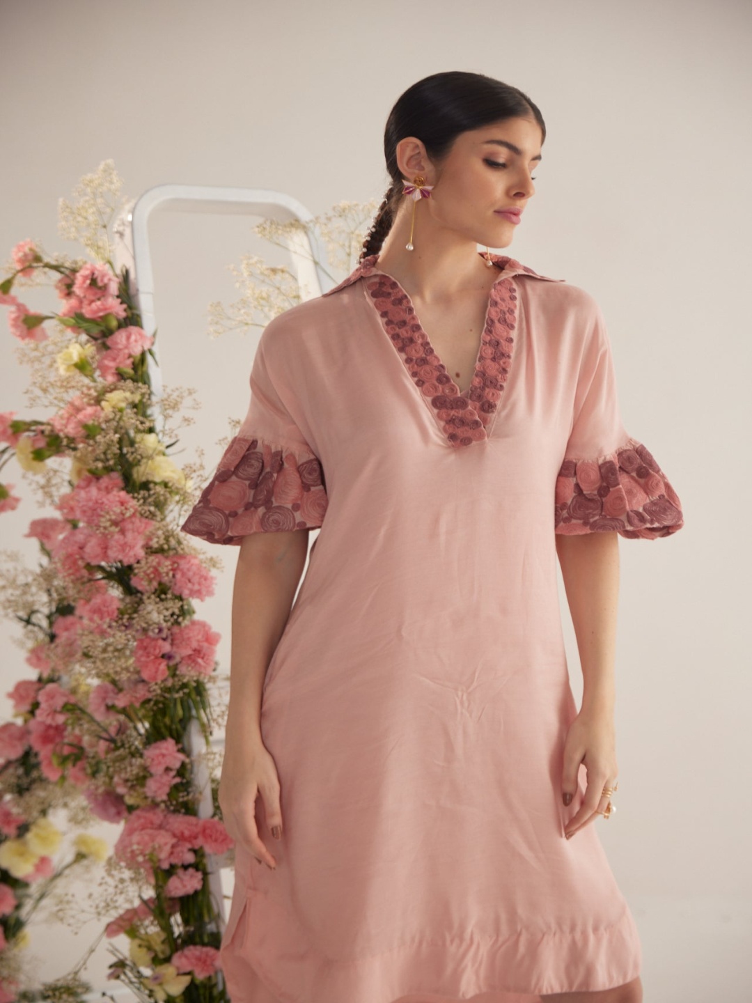 

Western Era Floral Embroidered Bell Sleeve A-Line Dress, Peach