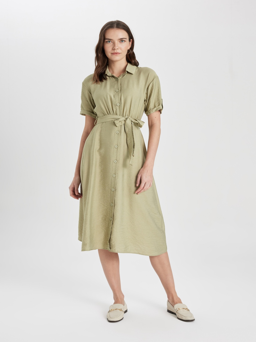 

DeFacto Roll Up Sleeves Shirt Midi Dress, Khaki