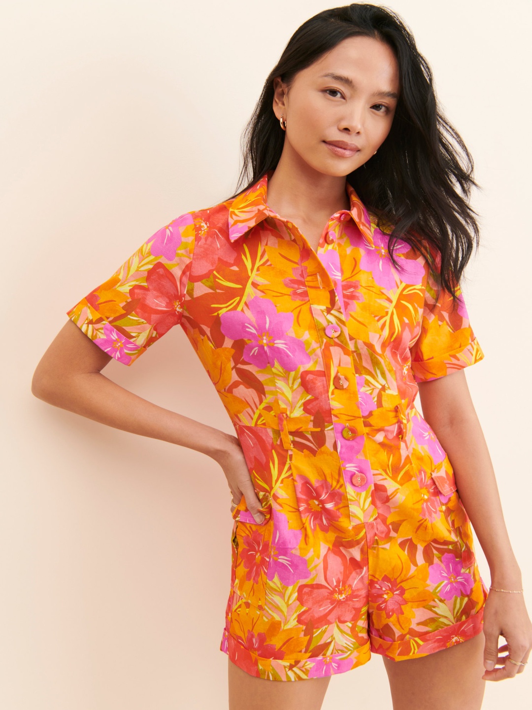 

TANDUL Floral Print Short Sleeves Shirt Collar Dress, Orange