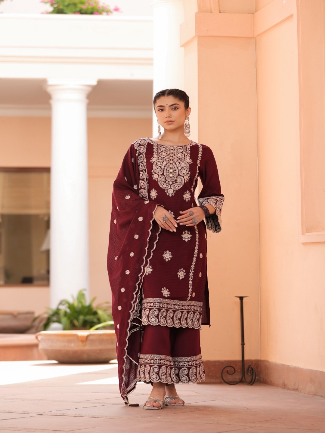 

KAJREE Ethnic Motifs Embroidered Pure Cotton Kurta With Palazzo & Dupatta, Maroon