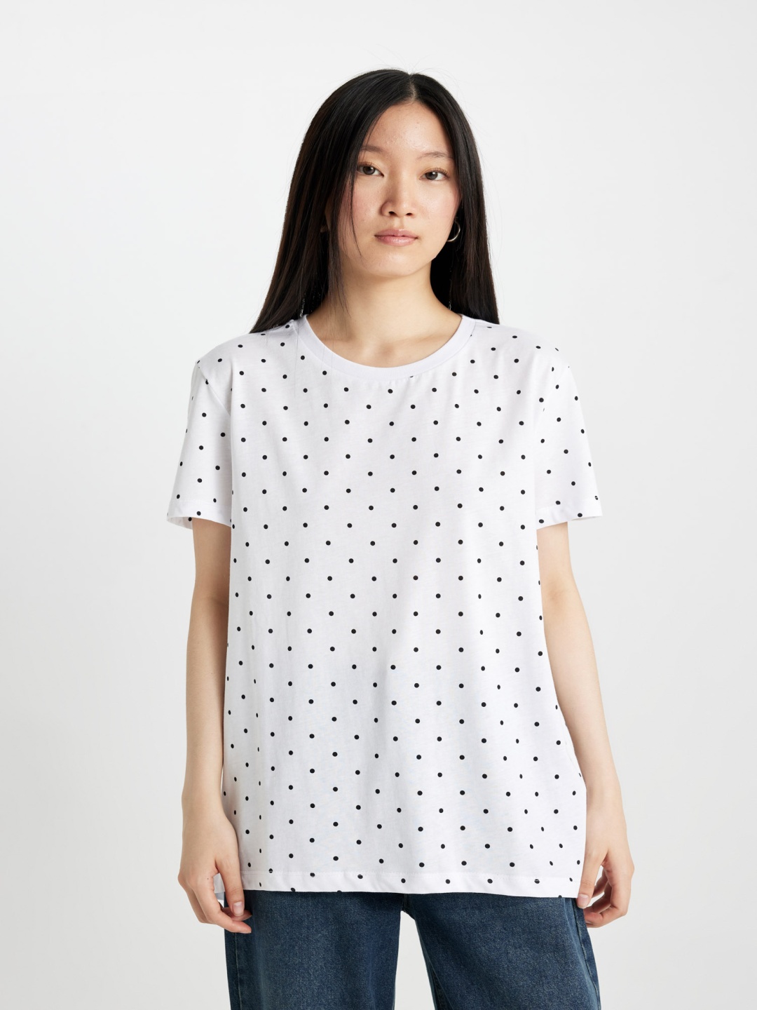 

DeFacto Women white Polka Dot Printed Pockets T-shirt