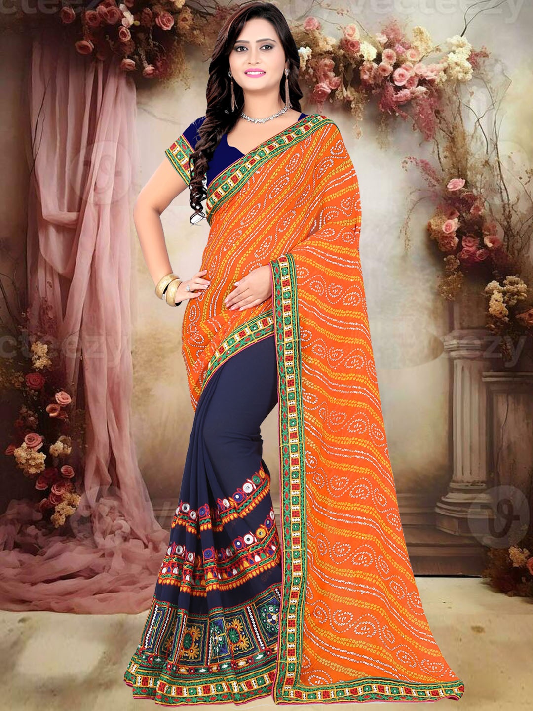 

KAVINDI Bandhani Beads and Stones Pure Georgette Half and Half Bandhani Saree, Orange