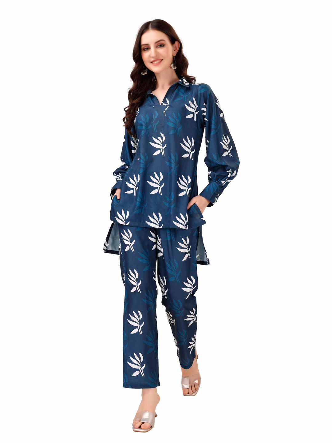 

FAB GALAXY Floral Printed Shirt Collar Top With Trousers, Blue