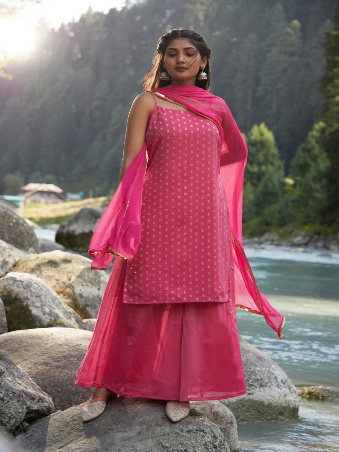

AKS Couture Women Ethnic Motifs Printed Chanderi Silk Kurta Sharara With Dupatta, Pink
