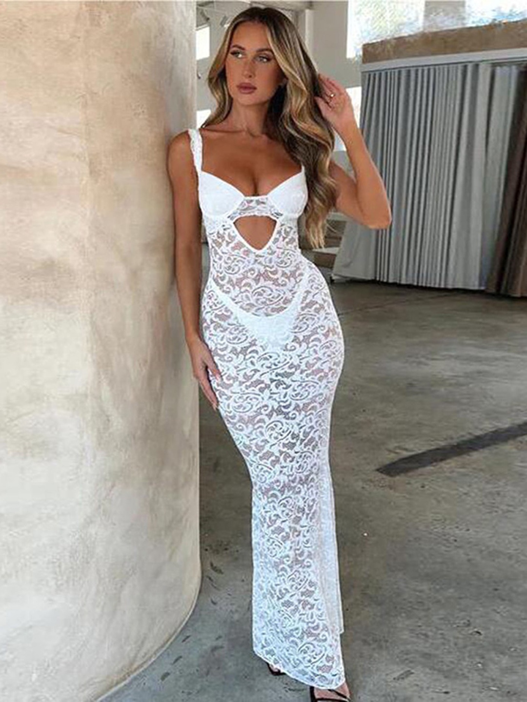 

LULU & SKY Self Design Semi Sheer Sheath Maxi Dress, White