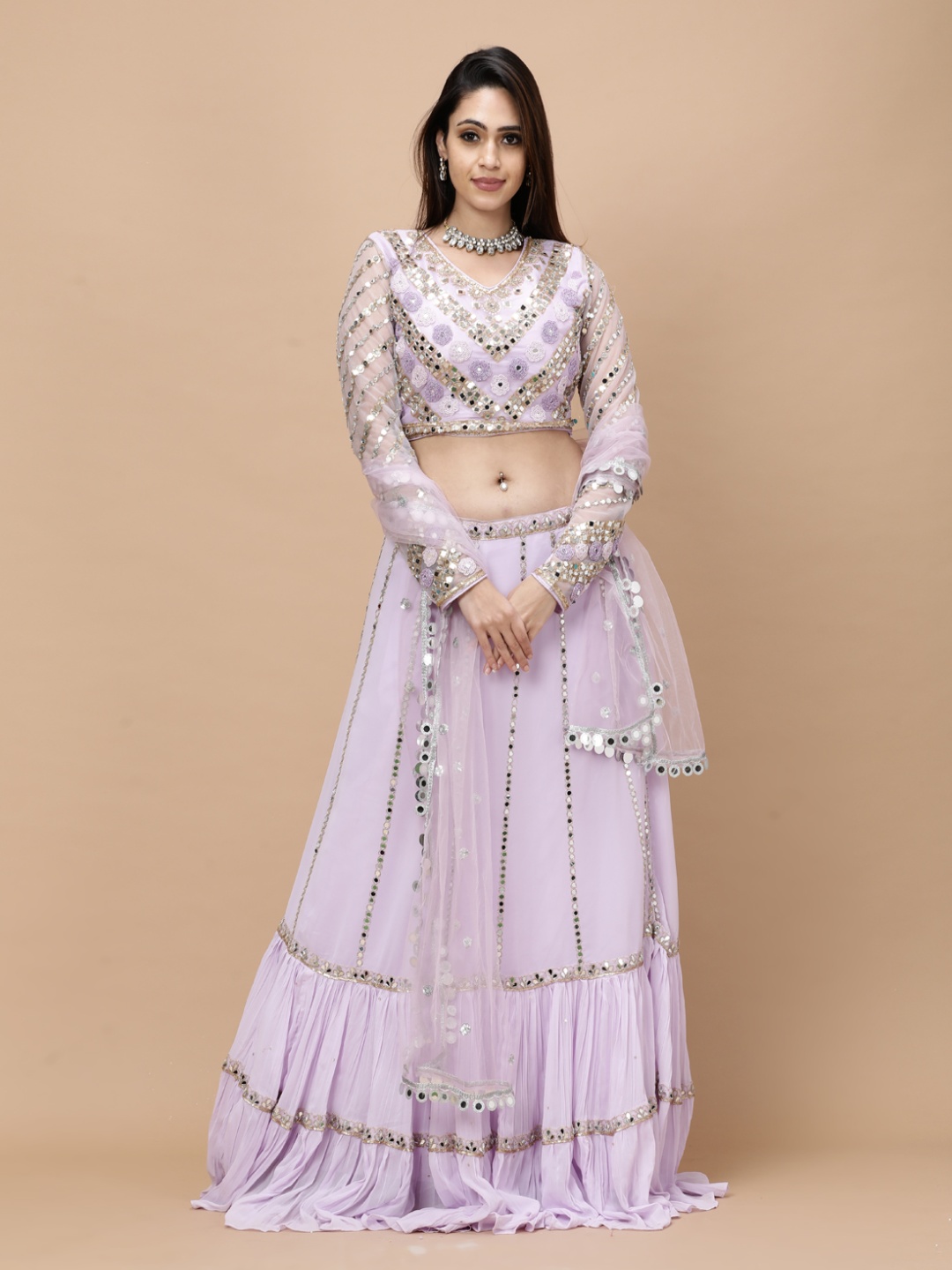 

Vervee Couture Women Embellished Mirror Work Ready to Wear Lehenga & Blouse With Dupatta, Purple