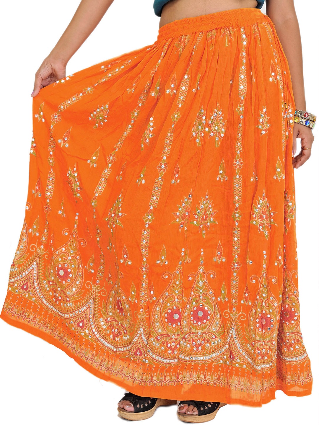 

Exotic India Printed A-line Maxi Skirts, Orange