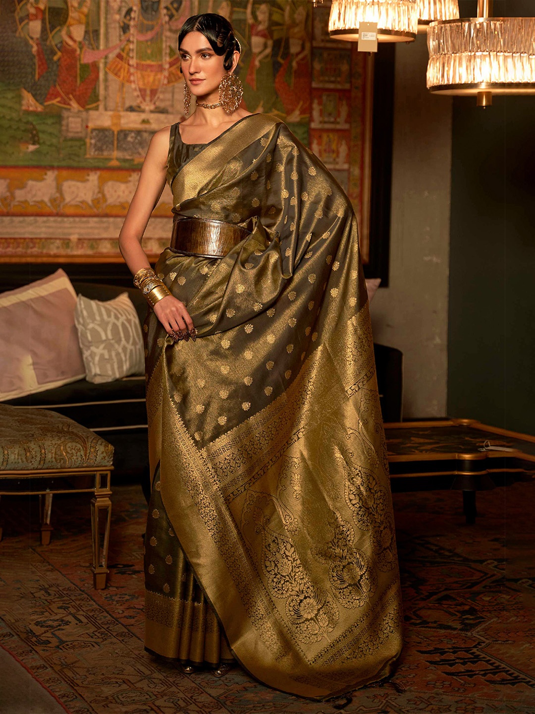 

DEVATITHI Ethnic Motifs Woven Design Zari Banarasi Saree, Olive