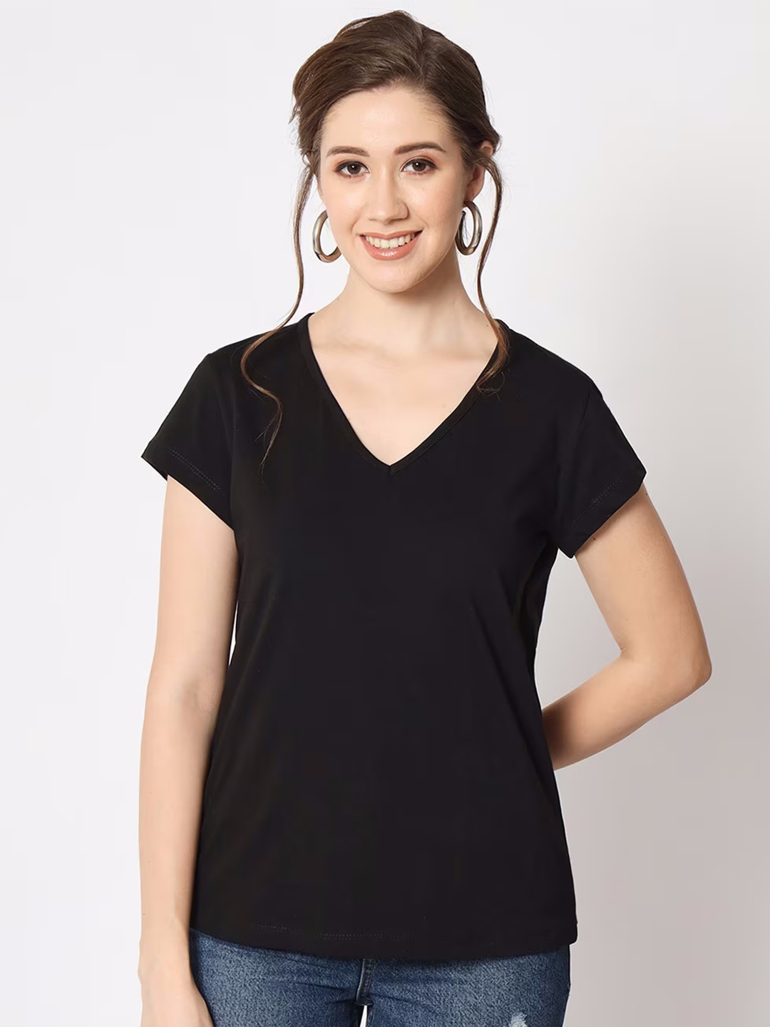 

COLOR CAPITAL Women 2 V-Neck Extended Sleeves Raw Edge T-shirt, Black