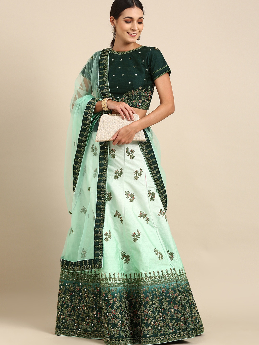 

HRITIKA Embroidered Thread Work Semi-Stitched Lehenga & Blouse With Dupatta, Green