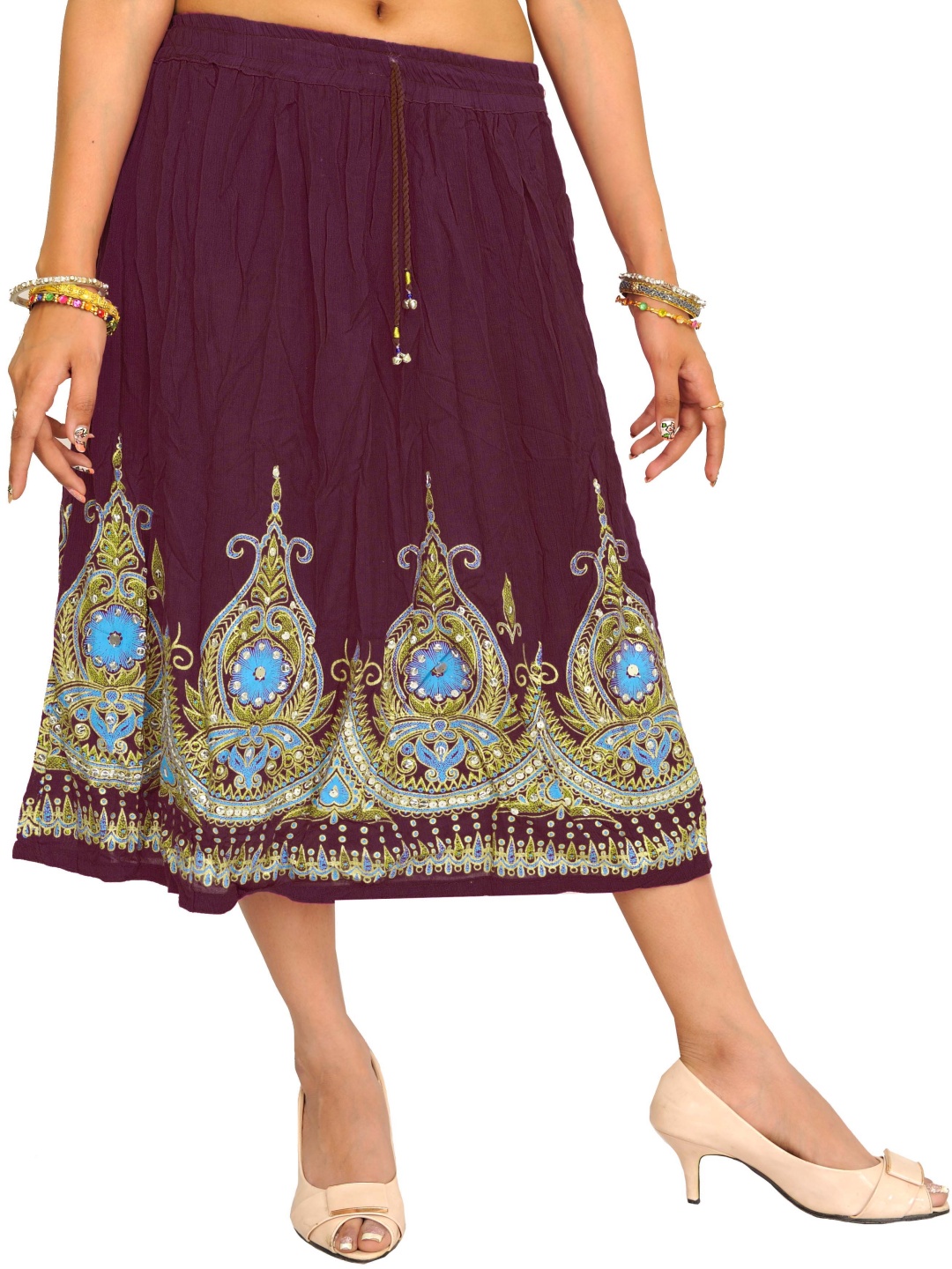 

Exotic India Printed A-Line Midi Skirt, Maroon