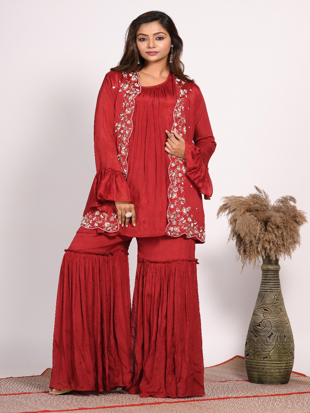 

Morchari Pure Chiffon Straight Kurta & Sharara With Jacket, Red