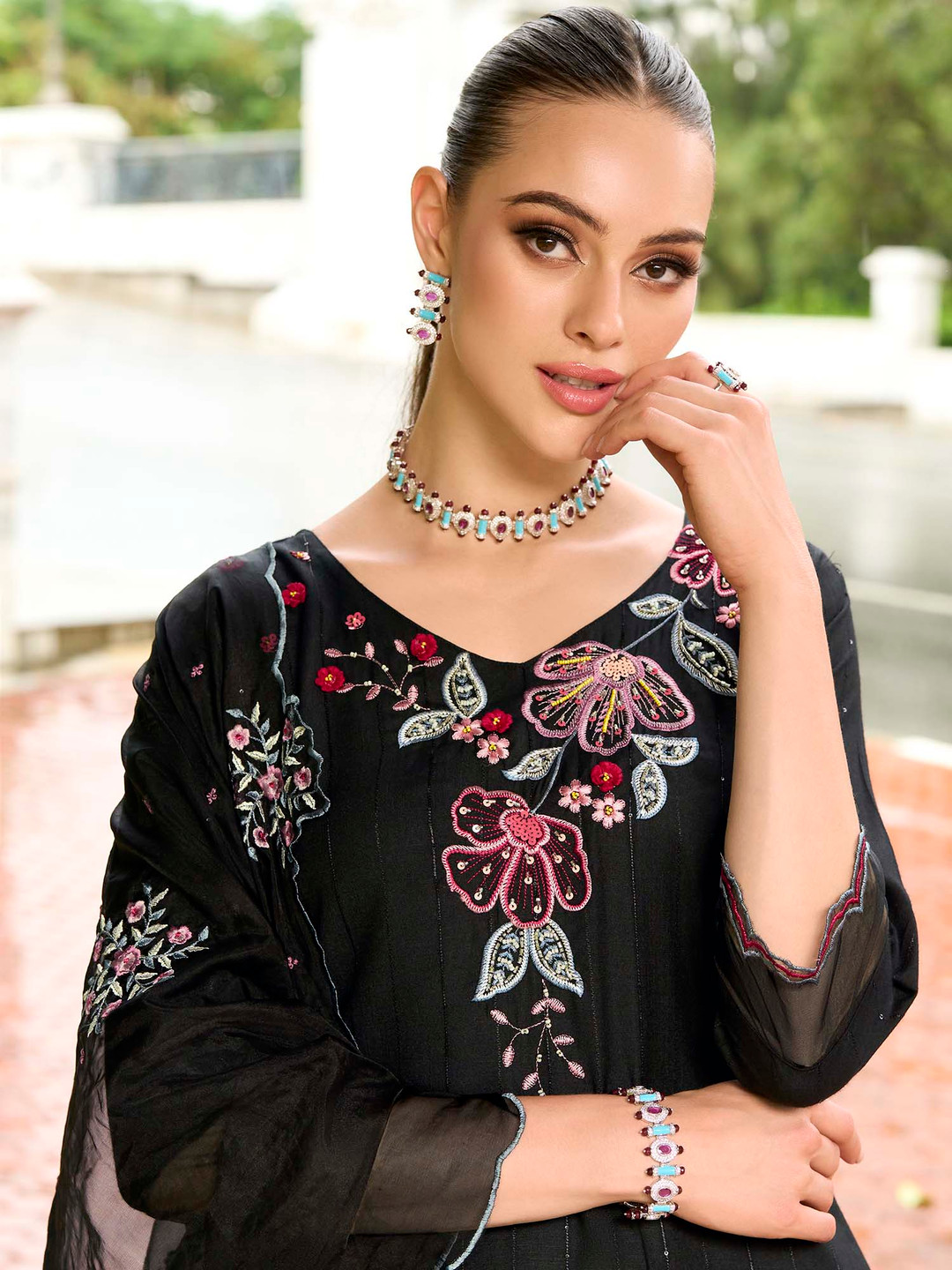 

Indo Era Black Floral Embroidered Thread Work Kurta with Trousers & Dupatta