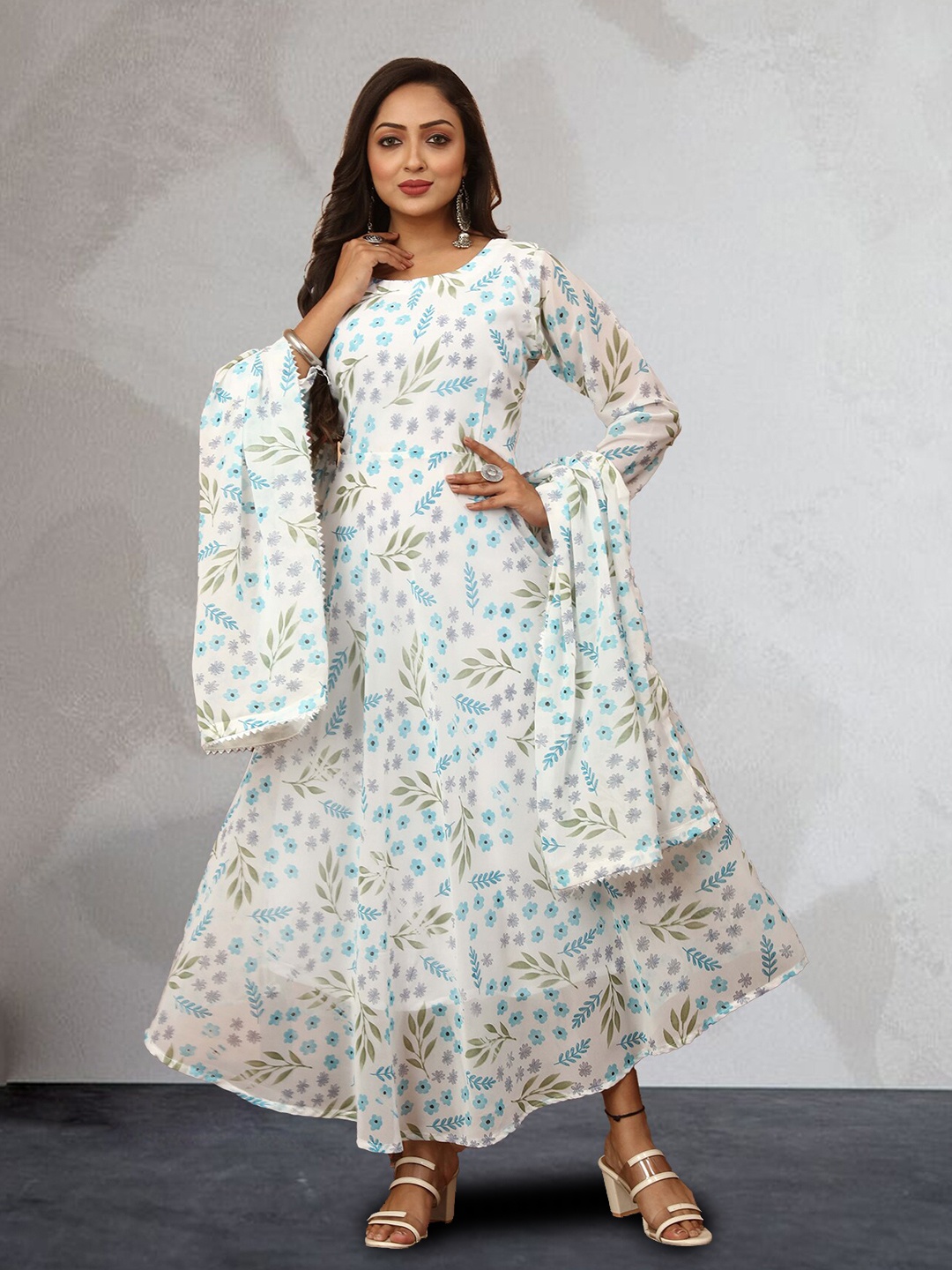 

N N ENTERPRISE Floral Print Long Sleeve Georgette Anarkali Dress with Dupatta, Blue