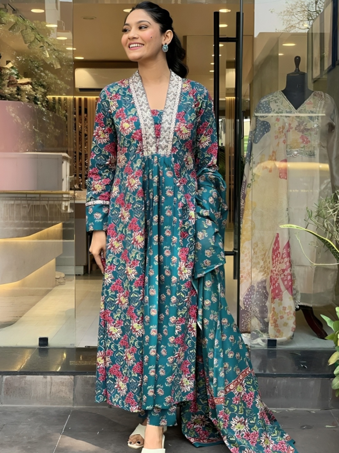 

KALINI Floral Printed Pure Cotton Anarkali Kurta With Trouser & Dupatta, Teal