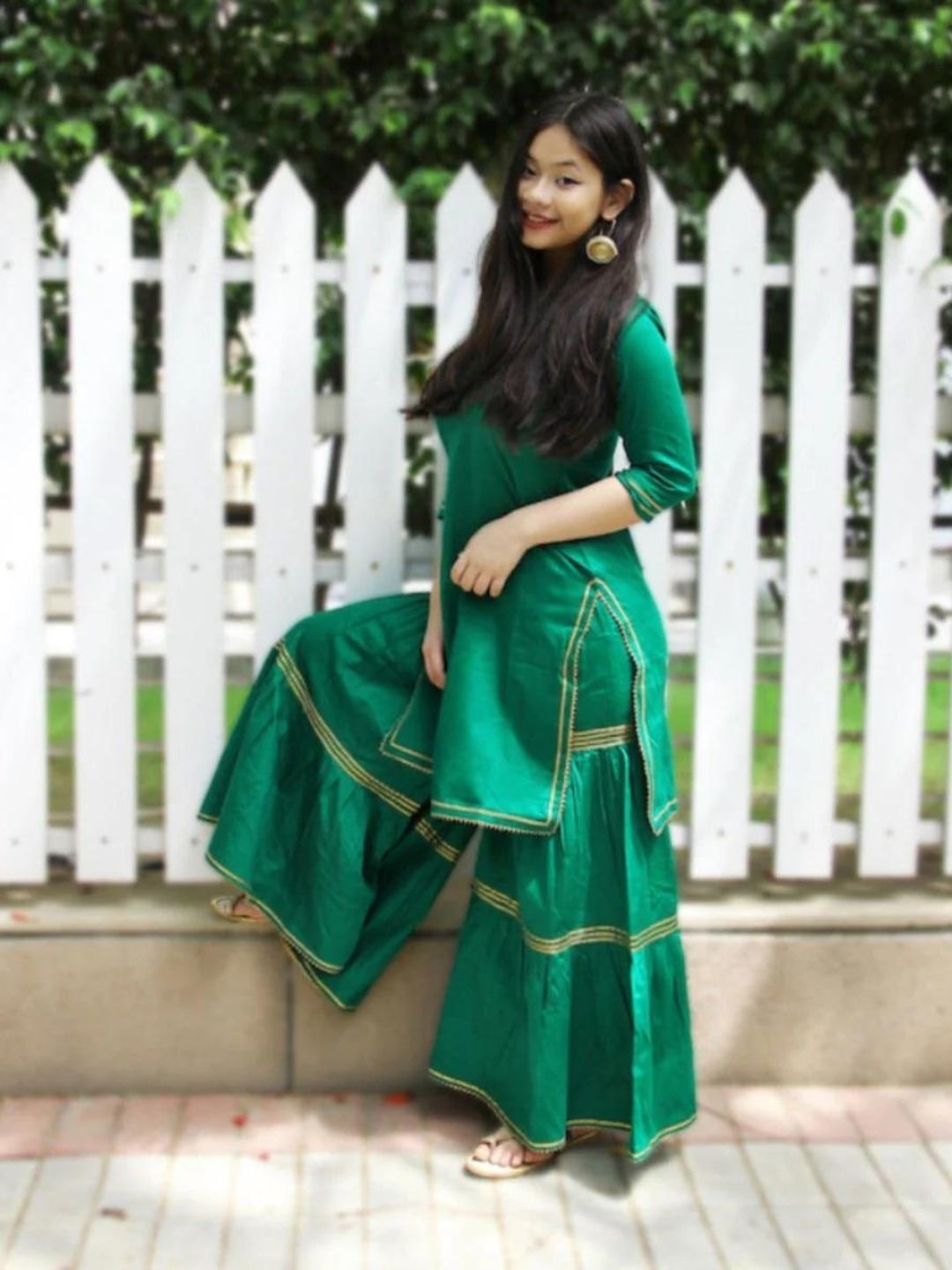 

Mera Rang Notched Neck Gotta Patti Straight Kurti with Sharara, Green