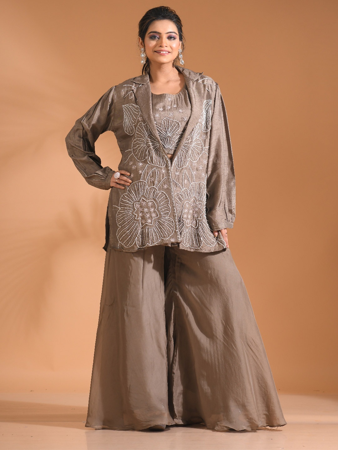 

Morchari Women Embroidered Crop Top With Palazzo & Jacket Co-Ords, Beige