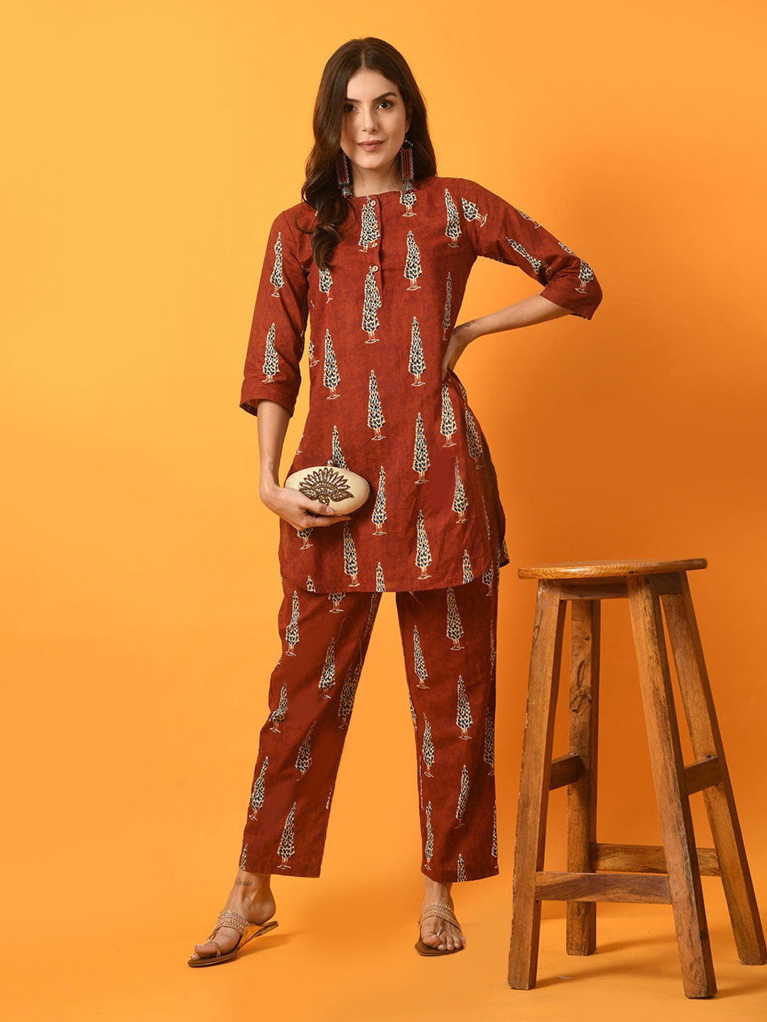 

KALINI Printed Pure Cotton Tunic With Trouser, Rust