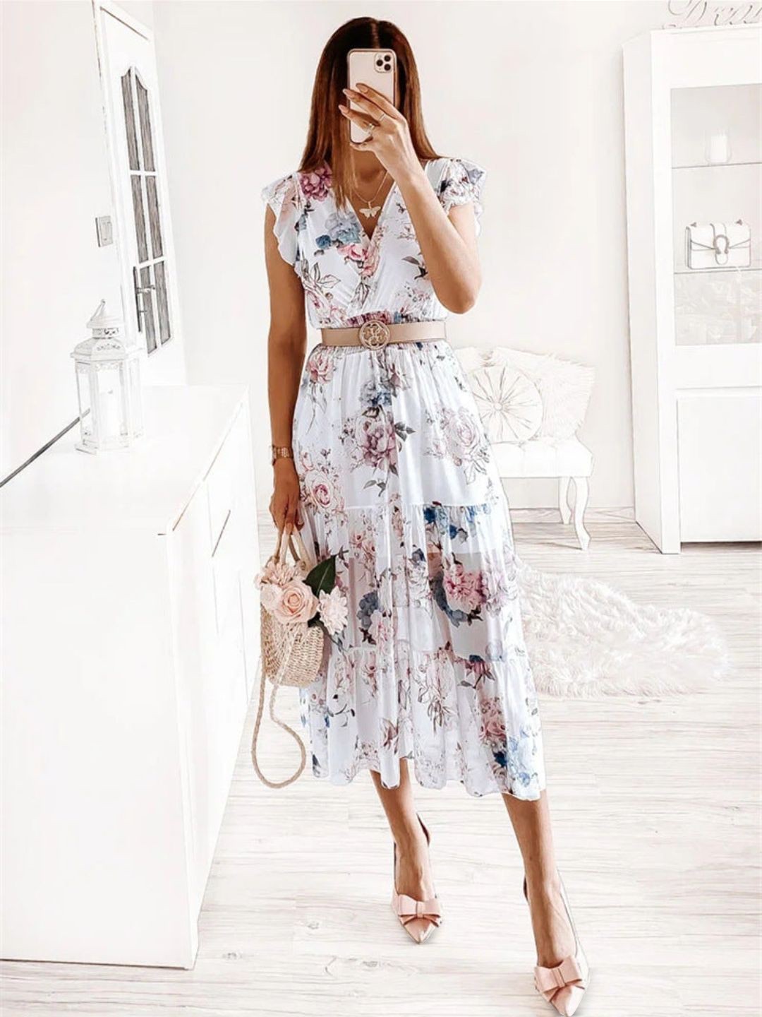 

DressBerry Floral Print Flutter Sleeve Fit & Flare Midi Dress, White
