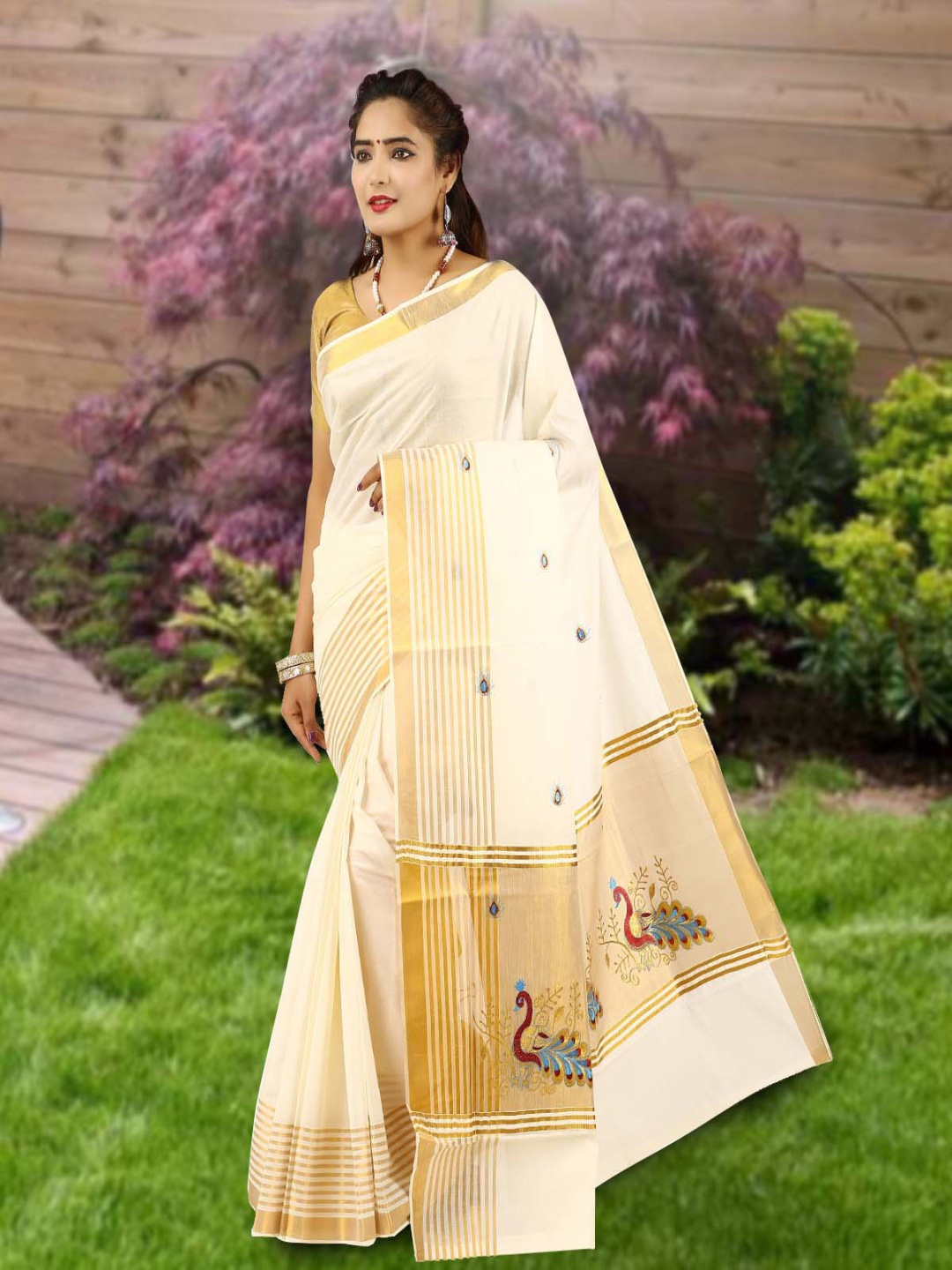 

Rst R Selvamani Tex Ethnic Motifs Zari Pure Cotton Kasavu Saree, Off white