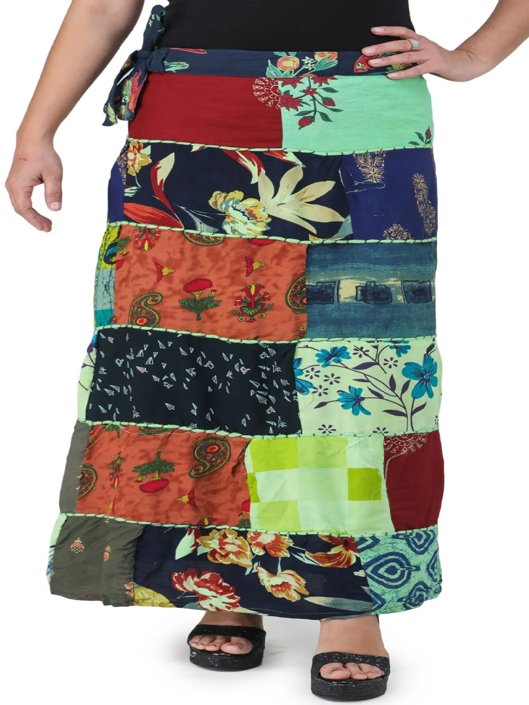 

Exotic India Printed Pure Cotton Wrap Maxi Skirt, Green