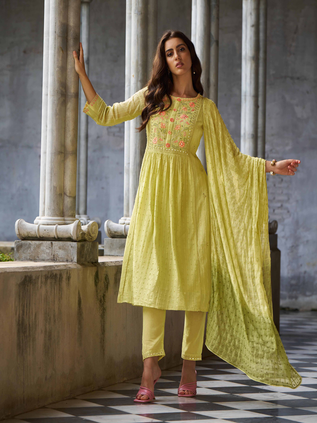 

AUTUMN LANE Ethnic Motifs Embroidered Mirror Work Cotton Kurta With Trousers & Dupatta, Yellow