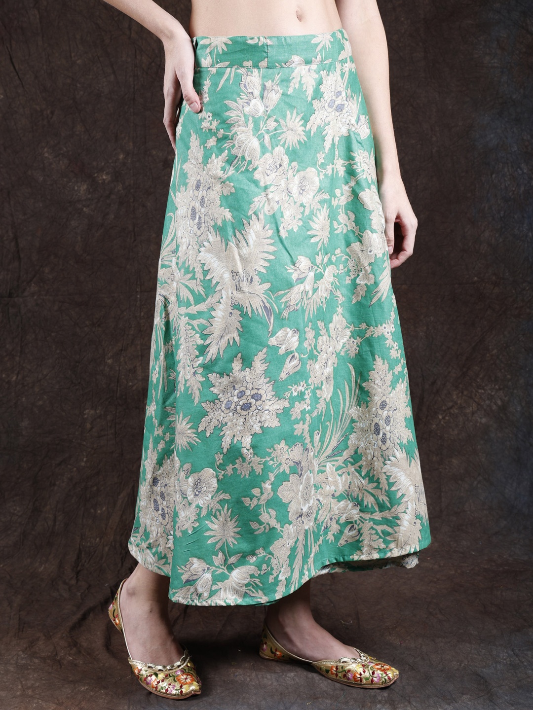 

Exotic India Floral Printed Pure Cotton Wrap Around Maxi Skirt, Blue