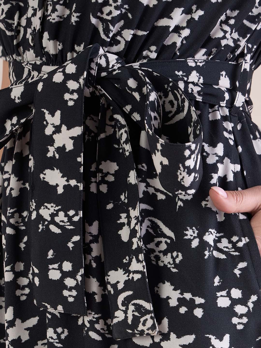 

FEMMELLA Floral Print Shirt Collar Fit & Flare Dress, Black